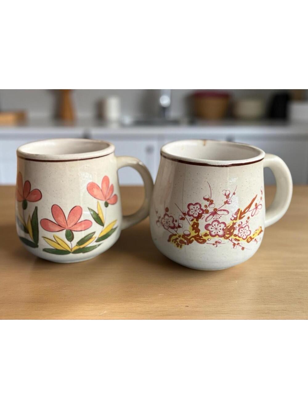 Vintage Stoneware Floral Coffee Mugs Set of 2 Hand Painted Flower Cups